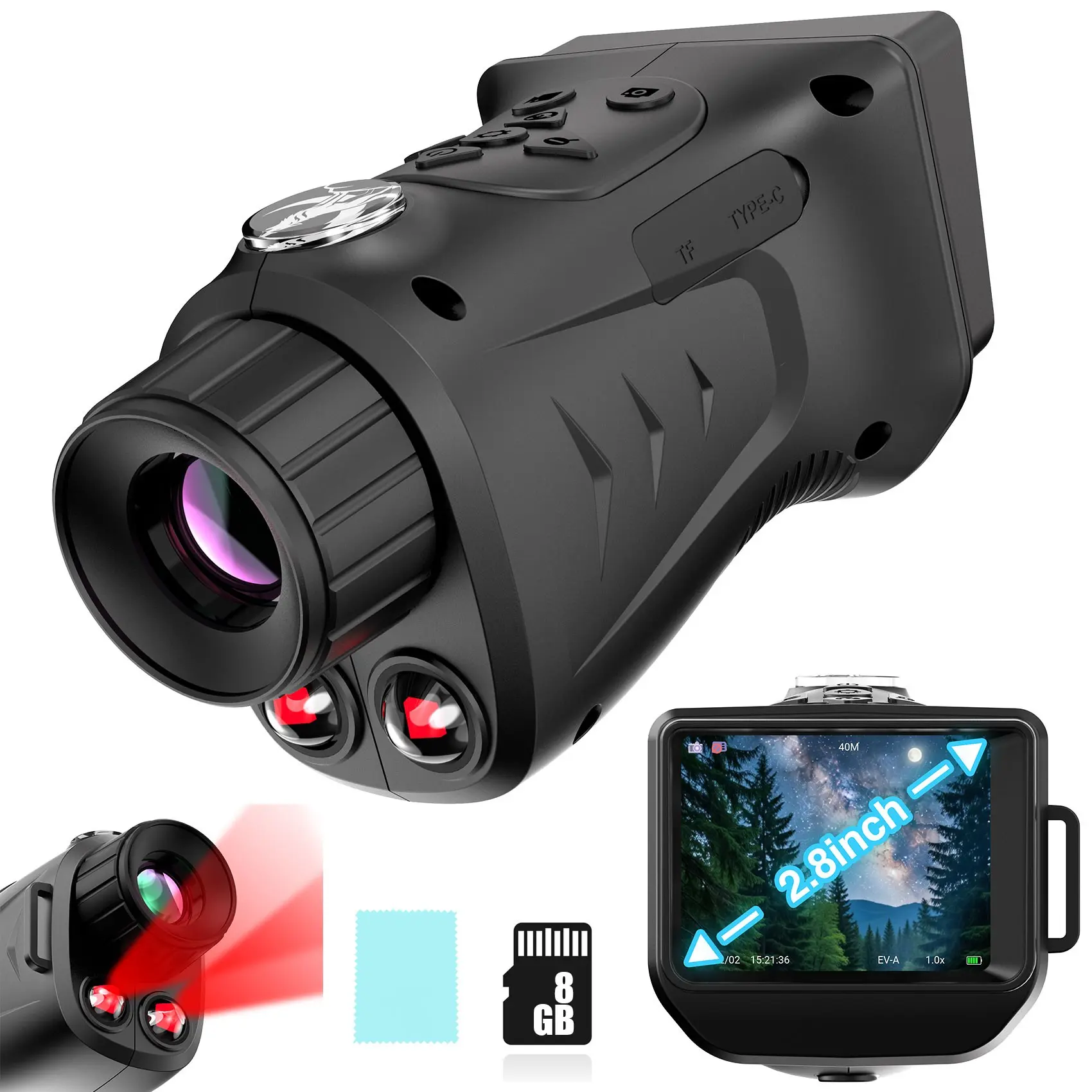 Night Vision Monocular, Night Vision Technology, 2.8" Large Screen, 850nm Dual IR, 8GB Memory Included, 328 Yards Range, 3000mAh Rechargeable, Starlight Digital Infrared Camera for Hunting, Camping & Security, Survival Tools
