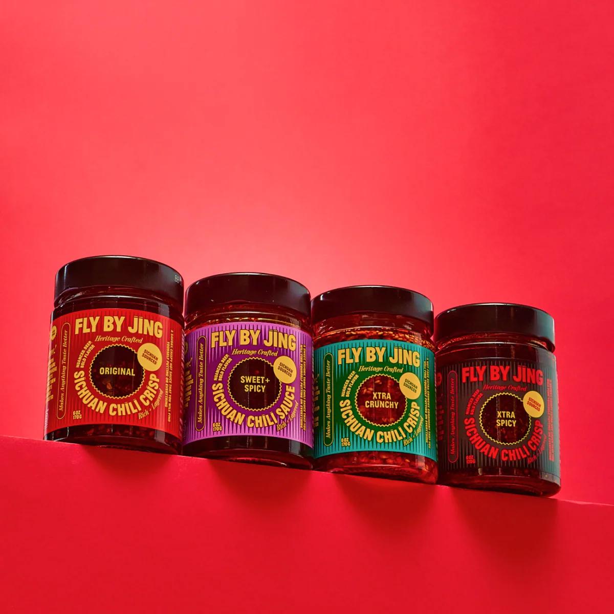 Fly By Jing Chili Crisp Best Sellers 4-Pack (6 oz Each) – Chili Crisp, Xtra Spicy, Sweet + Spicy & Xtra Crunchy, Vegan & Non-GMO