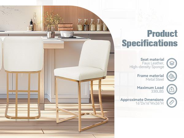 PHI VILLA Modern 24 inch Bar Stools, Leather Counter Barstools with Back, Kitchen Island Chairs, Counter Height Bar stools