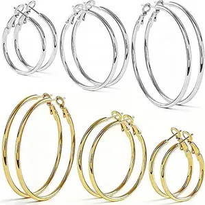 6 Pairs Silver Gold Hoop Earrings for Women - 14K Gold Plated 316 Stainless Steel
