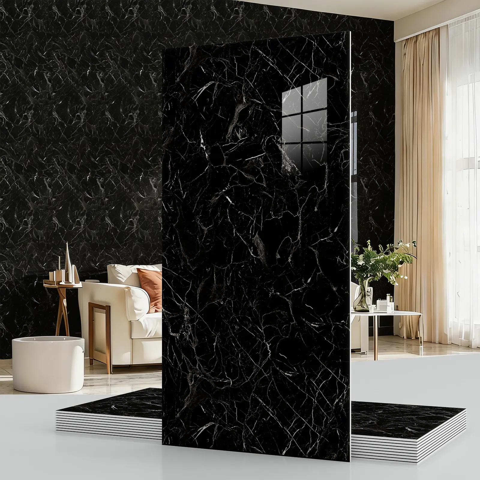 Marble-Look Rectangular PVC Wall Stickers Set Pack - 20/40 Pcs Indoor DIY Enthusiasts Panels, Smooth Flat Modern Geometric Design, 23.62×11.8 in Peel-and-Stick Waterproof Self-Adhesive, Home Decoration for Living Room, Bedroom