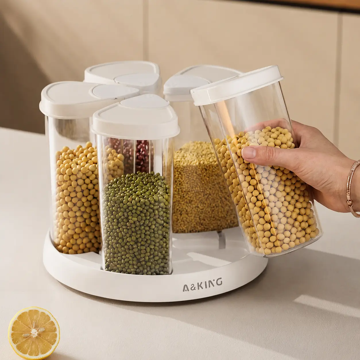 360-Degree Rotating 5-Grain Airtight Plastic Rice Canister - Compact Canister Fits Busy Kitchens, Divided Kitchen Pantry Organizer with Moisture-Proof Dustcover Clean, Transparent Hygienic Food Storage, Food-Safe, Quick Grain Check, Thoughtful Gift