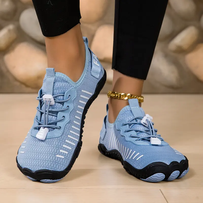 Women's Barefoot Water Shoes - Less Than Ankle Sports Footwear, Vertical Stripes, Quick-Drying Breathable Fabric Upper, Lightweight Soft EVA Sole, Cut-Resistant, Stylish Blue Women's Shoes, Ideal for Snorkeling, Rafting