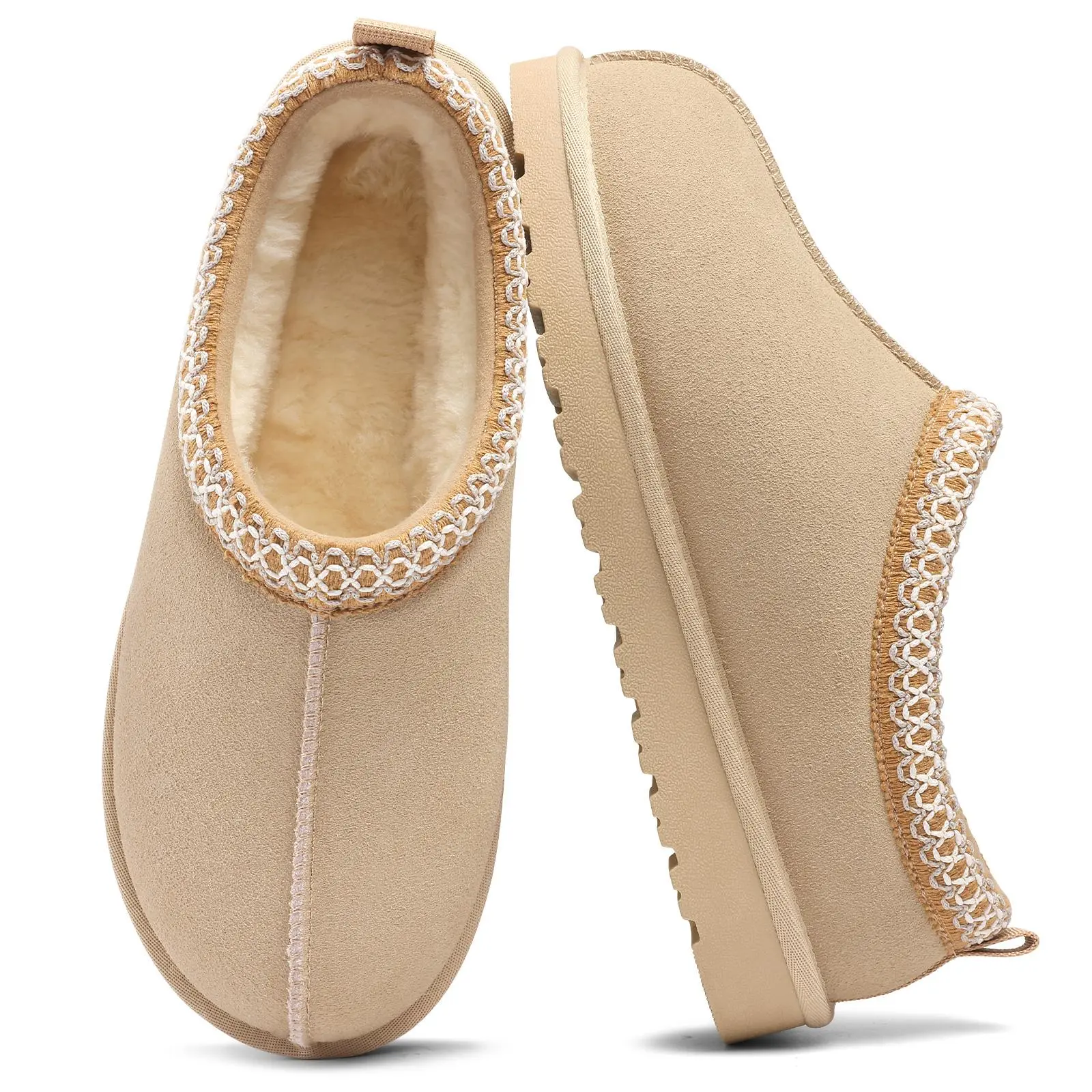 KIDMI Womens Suede Braided Slippers Mini Boots with Fluffy Fur Lining Short Ankle Boots for Autumn Winter Warm Casual Comfort Shoes Outdoor Waterproof House Shoes