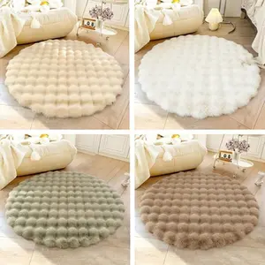 1PC Cloud-Like Plush Round Faux Rabbit Fur Area Rug, 35x35 Inch Fluffy Bubble Shag Thick Pile Floor Mat, Non-Slip Modern Soft Carpet for Living Room Bedroom Nursery, Stylish Home Decor & Christmas Gift