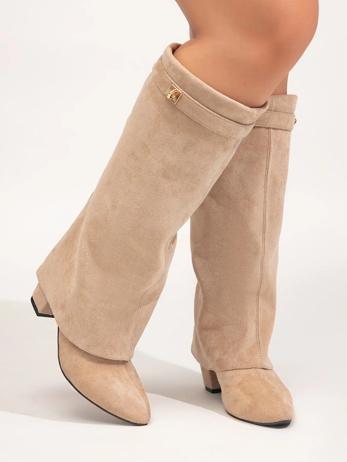 Elegant Classy Wide-Cut Marotta Suede High Heel Dress Boots, Buckle Design, Fashionable Women's Shoes, Footwear, Perfect for Special Occasions, Comfortable and Trendy Style