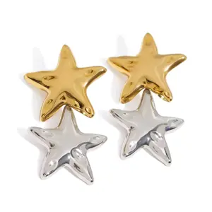 Two Tone Large Double Star Dangling Earrings - Pair - Stainless Steel