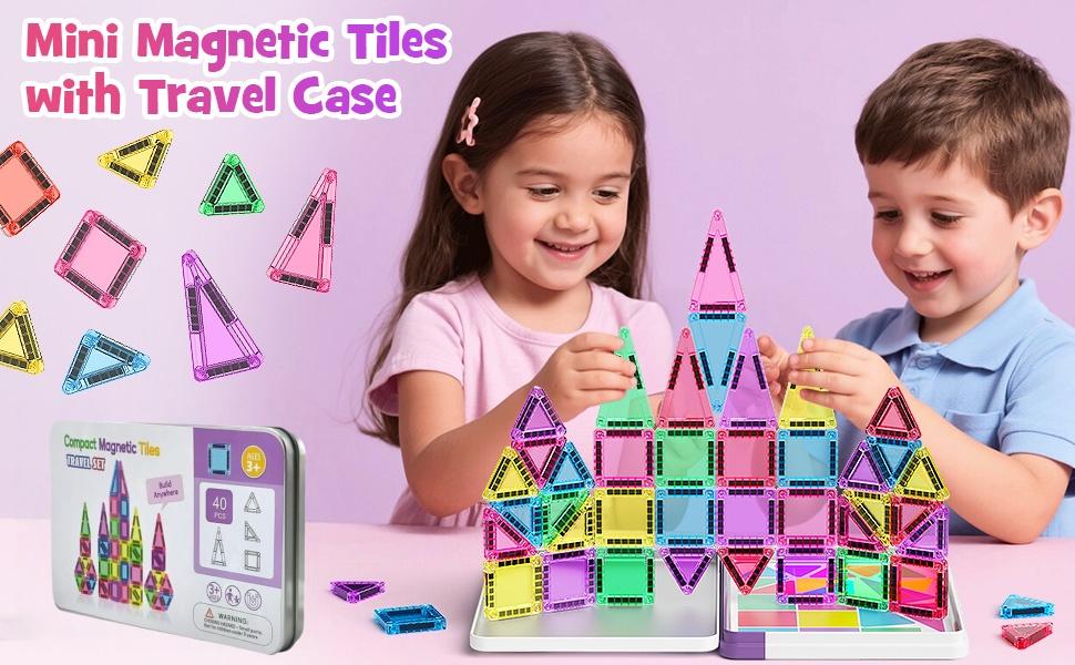 Hotfree Mini Magnetic Tiles Building Blocks 40PCS - Montessori Educational Magnet Travel Construction Set with Iron Storage Box, Airplane Activities Toys, STEM Toddler Birthday Christmas Gift for Boys & Girls Ages 3-8, Easter Basket Stuffers