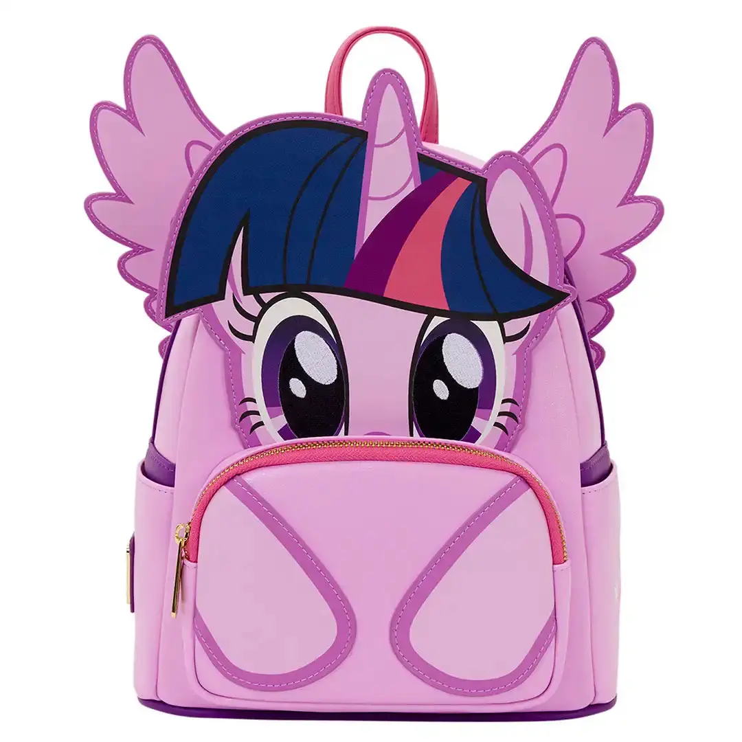 Unisex Glitter Animated Character Graphic Backpack - Faux Leather Twilight Sparkle Mini Daypack with Applique Wings, Star Details, Side Pocket, 9”W x10.5”H x4.5”D, Compact Everyday Carry School Bag (Wings on Display), Cartoon Character