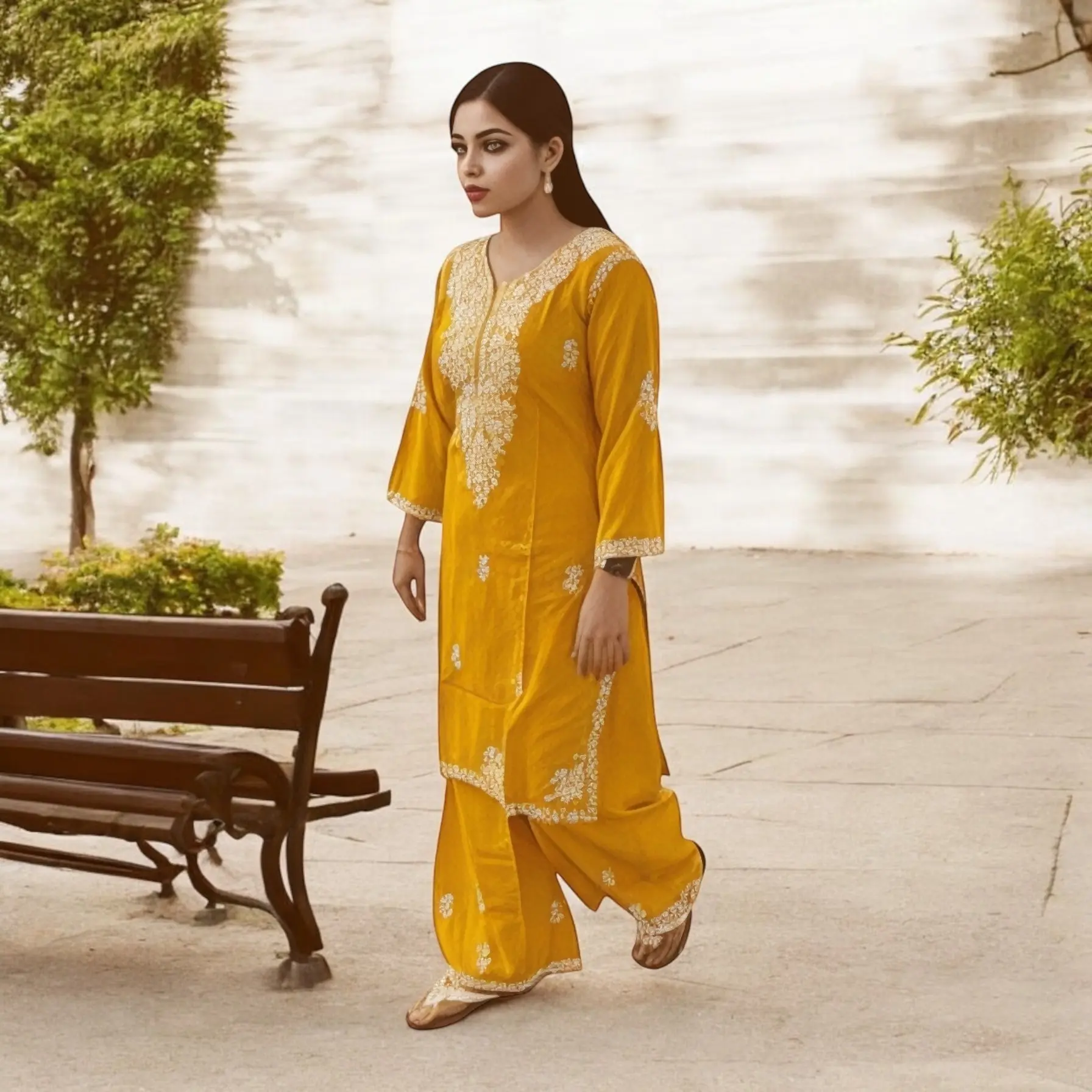 Rayon Lucknowi Chikankari Work Straight Kurta Palazzo Set Rayon Lucknowi Chikankari Work Straight Kurta Palazzo Set