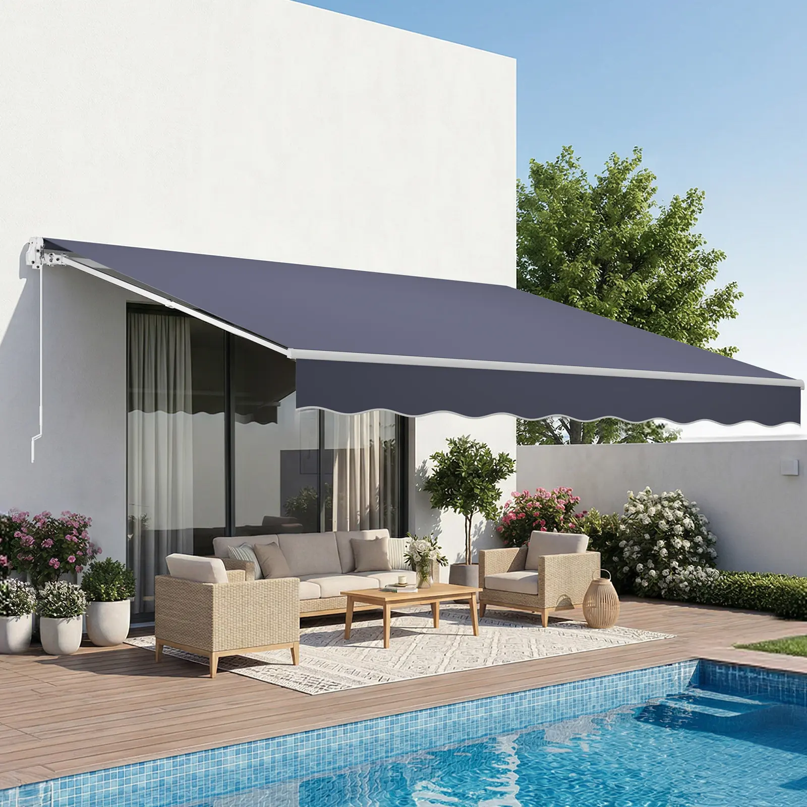 【SummerFinds】VEVOR Sturdy Adjustable Tilting Manual Retractable Awning, 13.1'x9.8' Outdoor Water-Resistant Polyester Sun Shade with Crank Handle for Deck, Restaurants, Shops, Gray