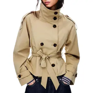 Women's Khaki Cropped Trench Coat Double Breasted Short Jacket High Collar Fitted Long Sleeve Belted Autumn Winter Coats Trendy Outfit