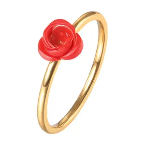 Rose Flower Stackable Rings – Women Gold Stainless Steel Red Floral Promise Ring Girls Teens Romantic Finger Band Jewelry Gift