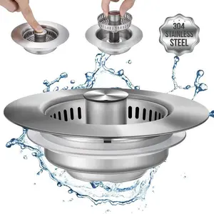 3-in-1 Kitchen Sink Drain Kit SUS304 All-Metal Strainer Stopper Drain Assembly, Rustproof Corrosion Resistant for Kitchen Sink Drainage