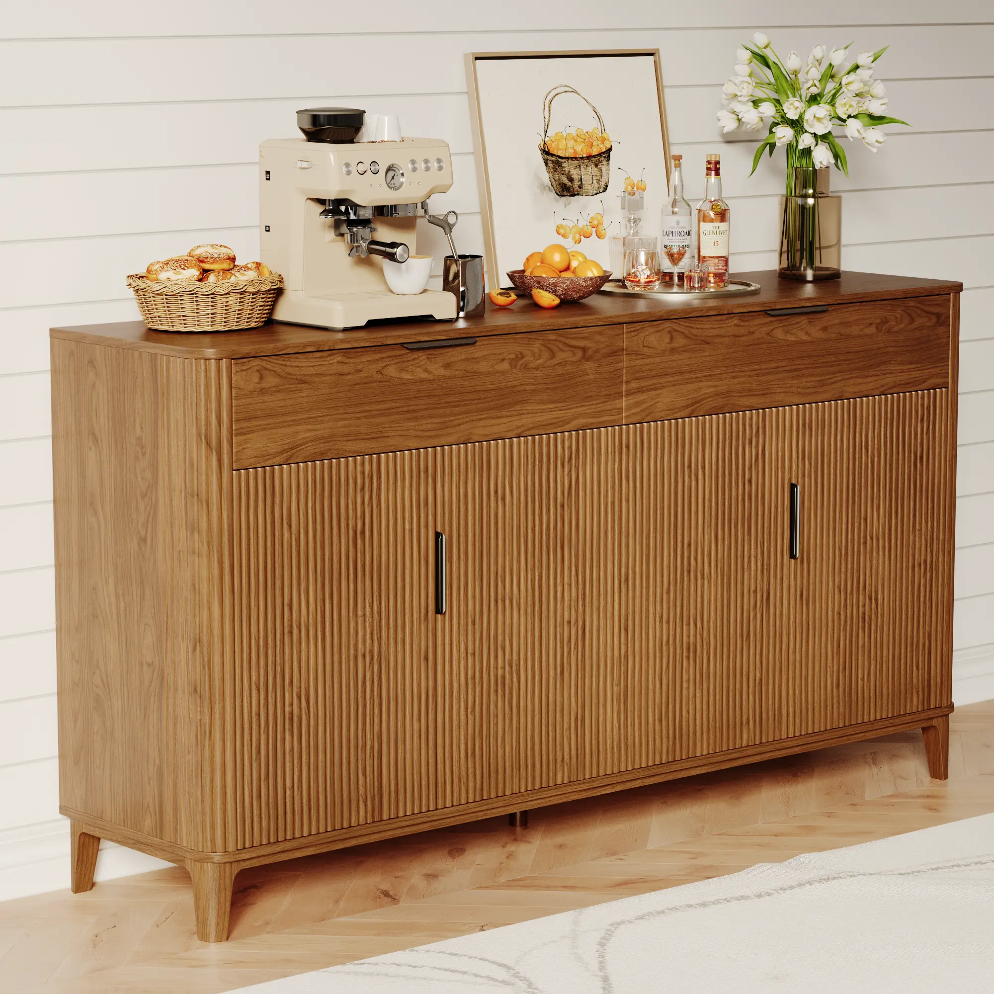 TOKSOM Buffet Sideboard Cabinet with Storage,55" Fluted Cabinet Storage Cabinet with Drawer & Adjustment Shelf  Modern Console Cabinets for Kitchen,Living Room,Walnut/White
