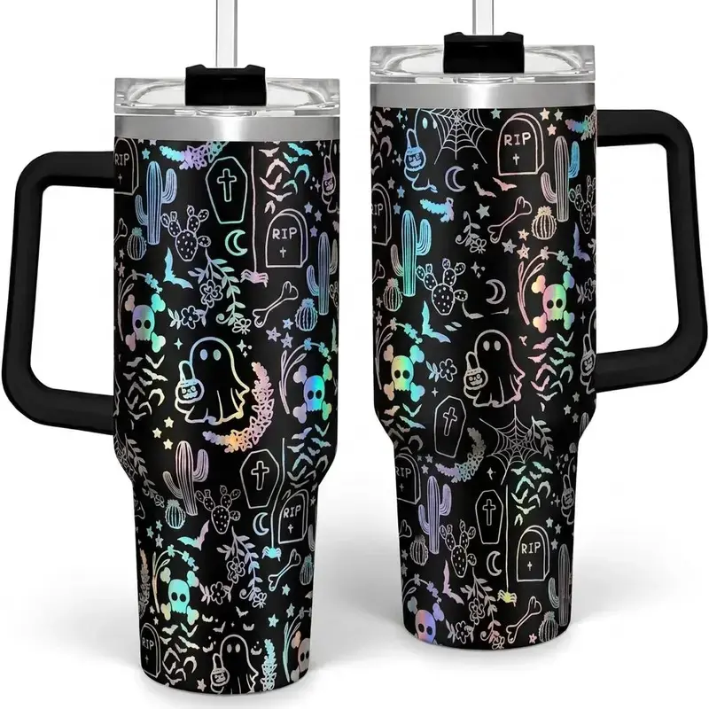 Holographic Halloween 40oz Tumbler With Handle, Iridescent Laser Engraved Spooky Ghost Cup, Cute Skull Coffin Gothic Tumbler, Stainless Steel Travel Mug With Straw, Spooky Season Gift For Her, Iridescent Rainbow Engrav