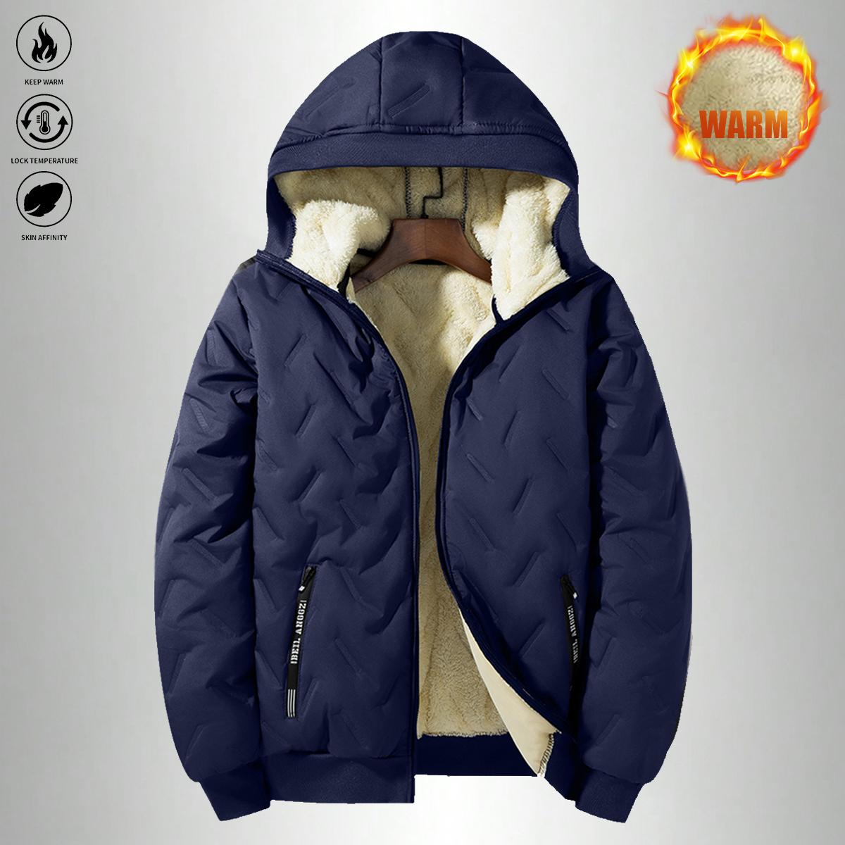 Men's Thick Winter Jacket, High Quality Hooded Jacket with Warmth and Windproof Features, Suitable for Arctic Travel and Daily Commuting, Machine Washable, Wool Lining for Enhanced Warmth, Polyester  Essential Outdoor Sportswear, F classic solid color Spr