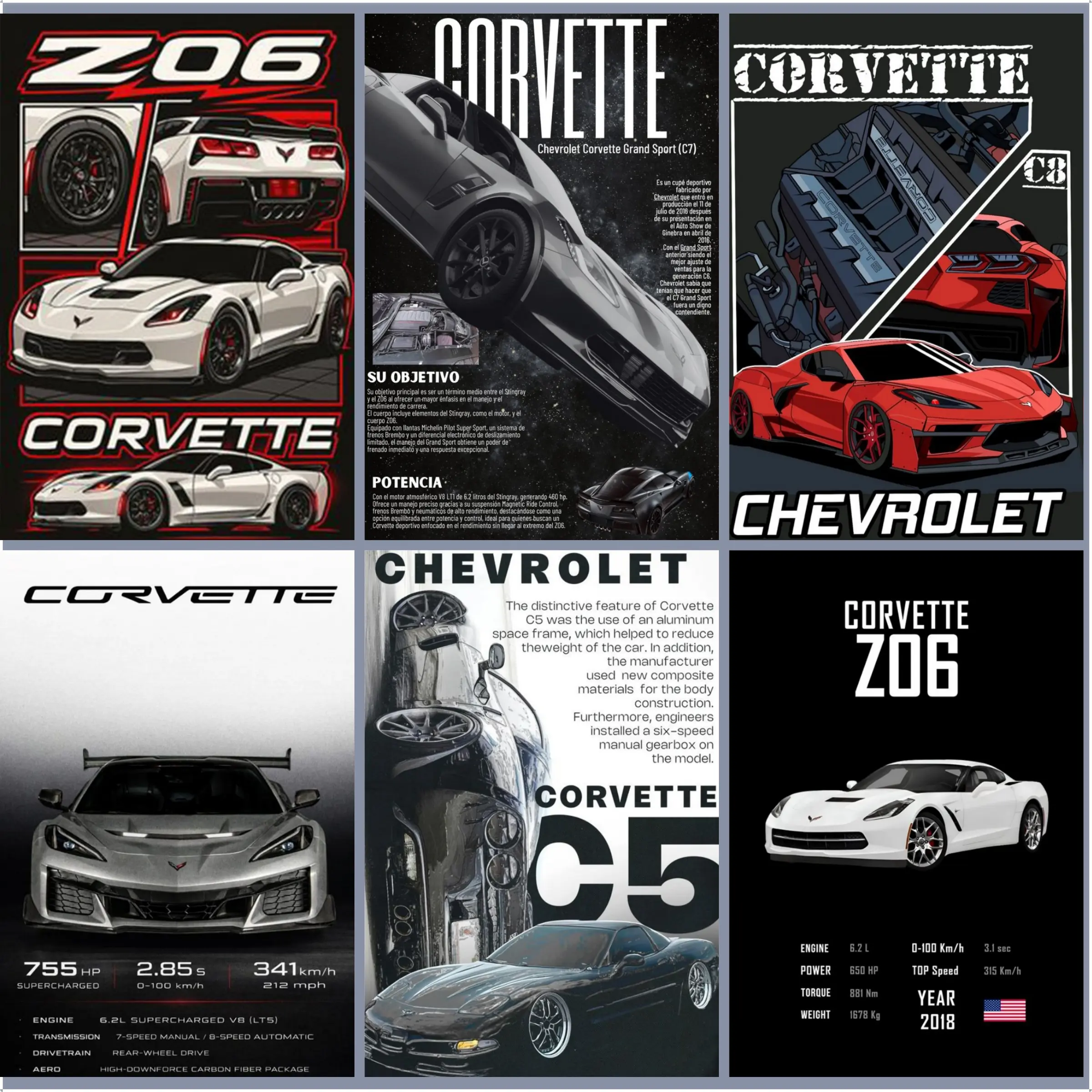 Corvette & Hyundai Car Wall Art Prints - High-Quality Textured Canvas Posters, Collector Must-Have Indoor Room Decor, Man Cave Accent with Poptop Texture, Print