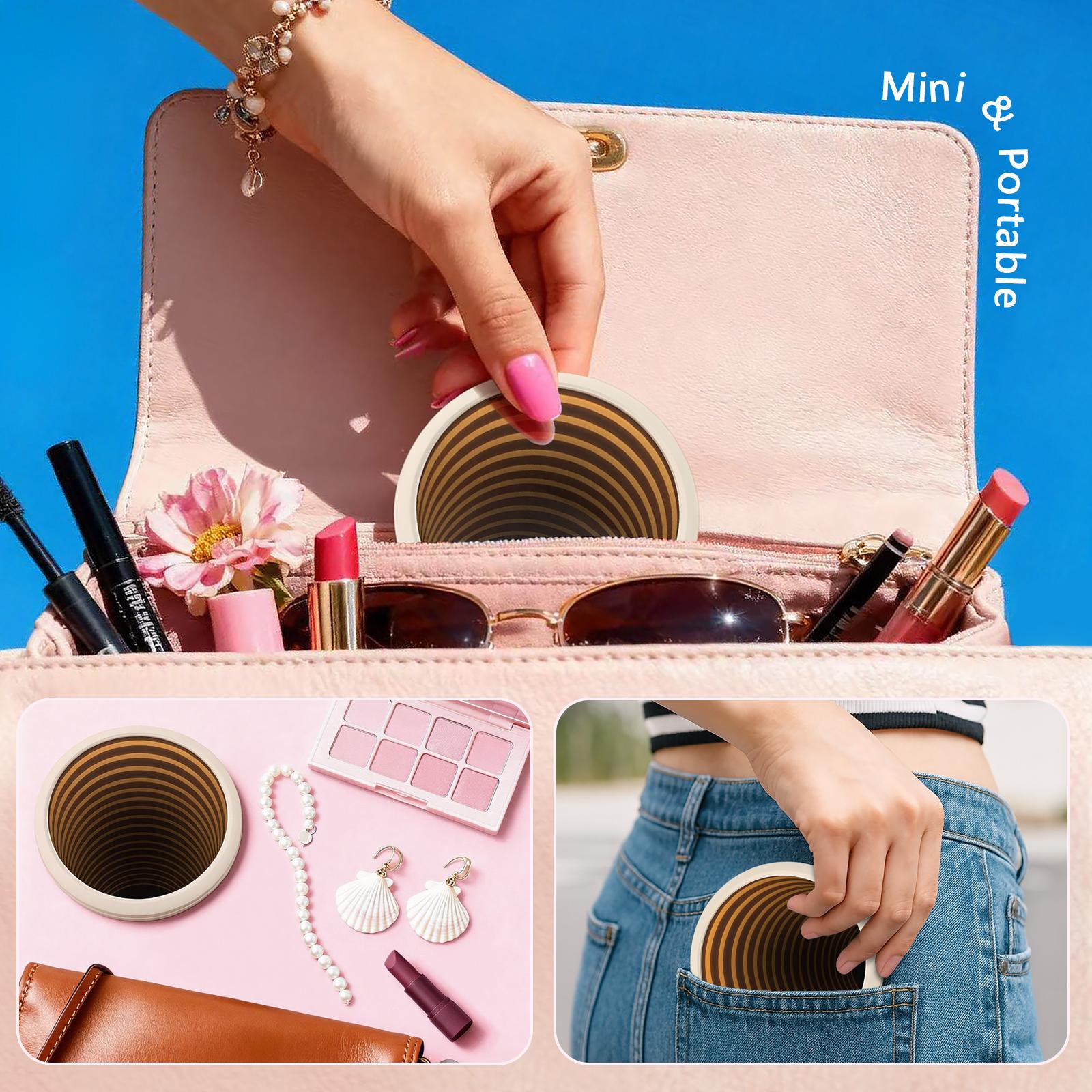 Infinity Travel Lighted Makeup Mirror, Abyss LED Compact Pocket Mirror with Light for Purse, Mini Small Light Up Mirror with 3 Color Lightling, Rechargeable, Handheld,Portable, Folding Pink