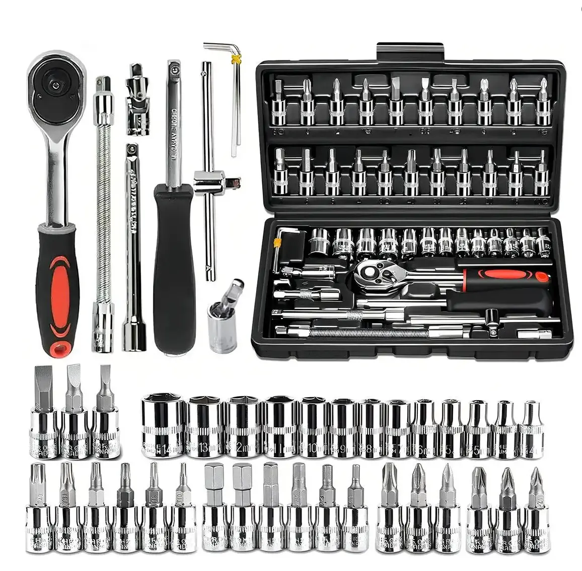 46-Piece 1/4 in Drive High-Quality Metal Socket Ratchet Wrench Tool Kit Set - Car Accessories, Car/Bicycle/Motorcycle Repair Tools, Adapter, Universal Joint, Automotive Mechanic Gift, 46 Pieces