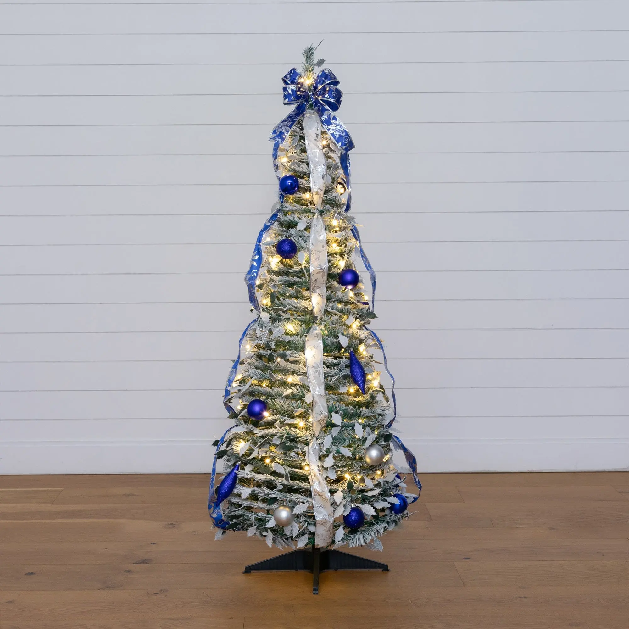 5-ft Frosted Flocked Finish Pop-Up Artificial Christmas Tree Decoration - LED Lighted, Full Shape, Easy Install with 100 Warm White Colorful Lights, Silver/Blue Ornaments, Ribbons for Home Room Decor