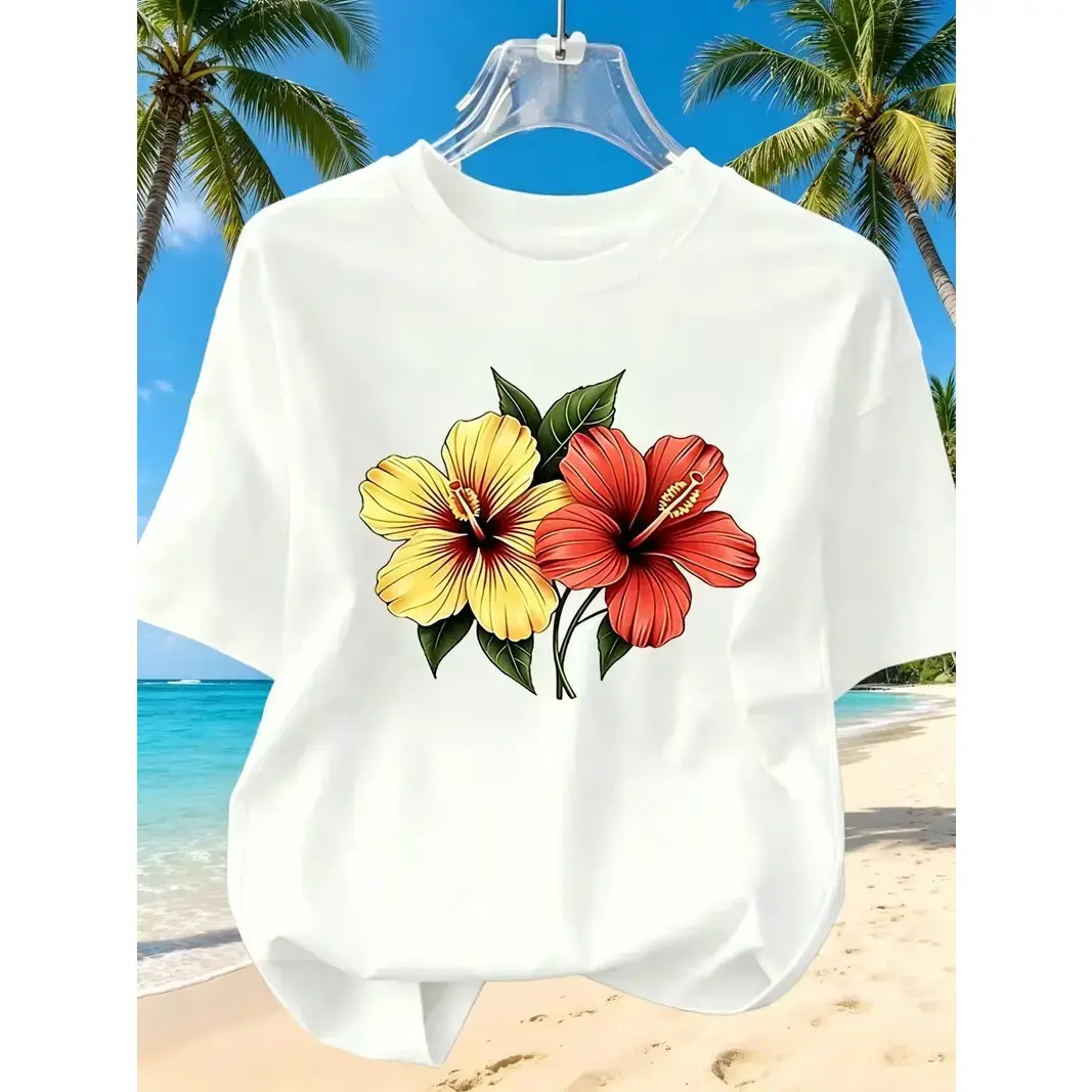 Unisex Short-Sleeve Round Neck T-Shirt - Hibiscus Leaf Floral Top, Casual Daily Wear Menswear