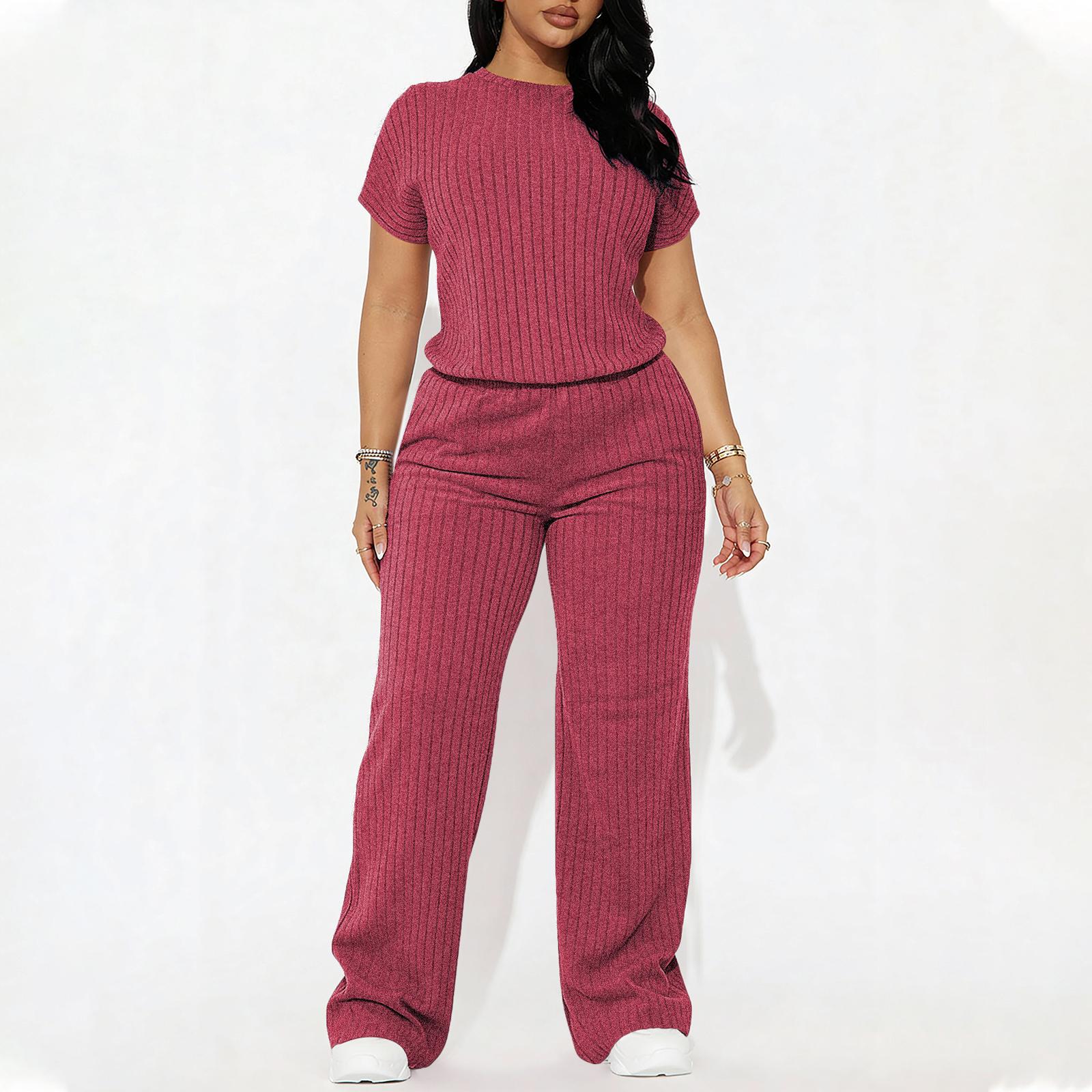 Women's Solid Shortsleeve Crewneck Ribbed Top & Wide Leg Pants Minimalist Casual Fitted Fashion Cozy Top & Trousers for Daily Outdoor Wear Ladies Clothes for Summer Womenswear Yoga Clothes Set Black Batwing Suits Suits