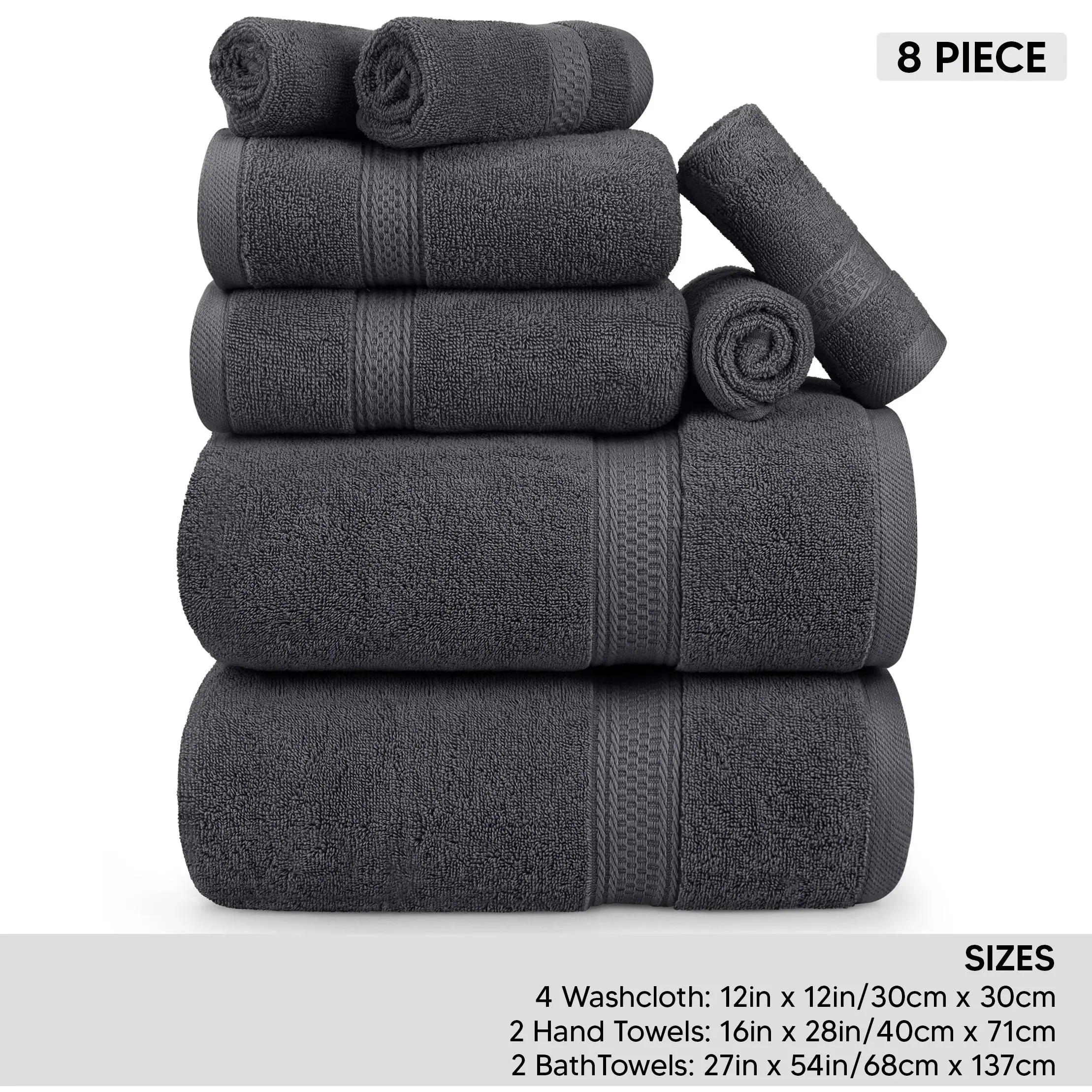 Utopia Towels Unisex 8-Piece Premium Towel Set - 2 Bath, 2 Hand, 4 Wash Cloths, 600 GSM 100% Ring Spun Cotton, Luxury Absorbent Hotel-Style, Double Stitched Hems Finish, for Bathroom, Gym, Leisure Spots (Grey), Towel Sets
