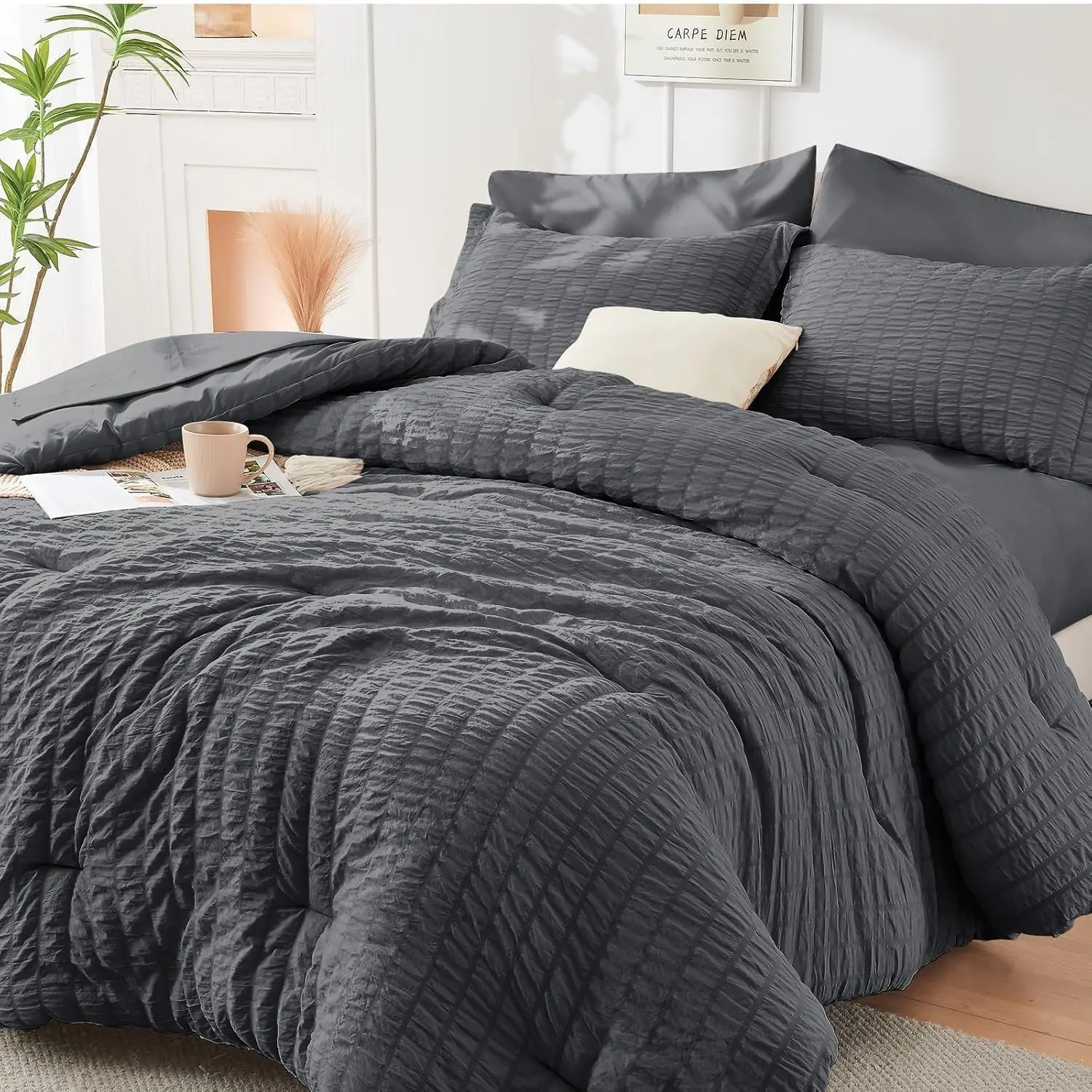 MUXHOMO Queen 7-Piece Seersucker Complete Bedding Set - All-Season Luxury Bed-in-a-Bag for Bedroom, Includes Comforter, Sheets, Pillowcases & Shams, Dark Grey Bed Set, Complete Bedding Sets