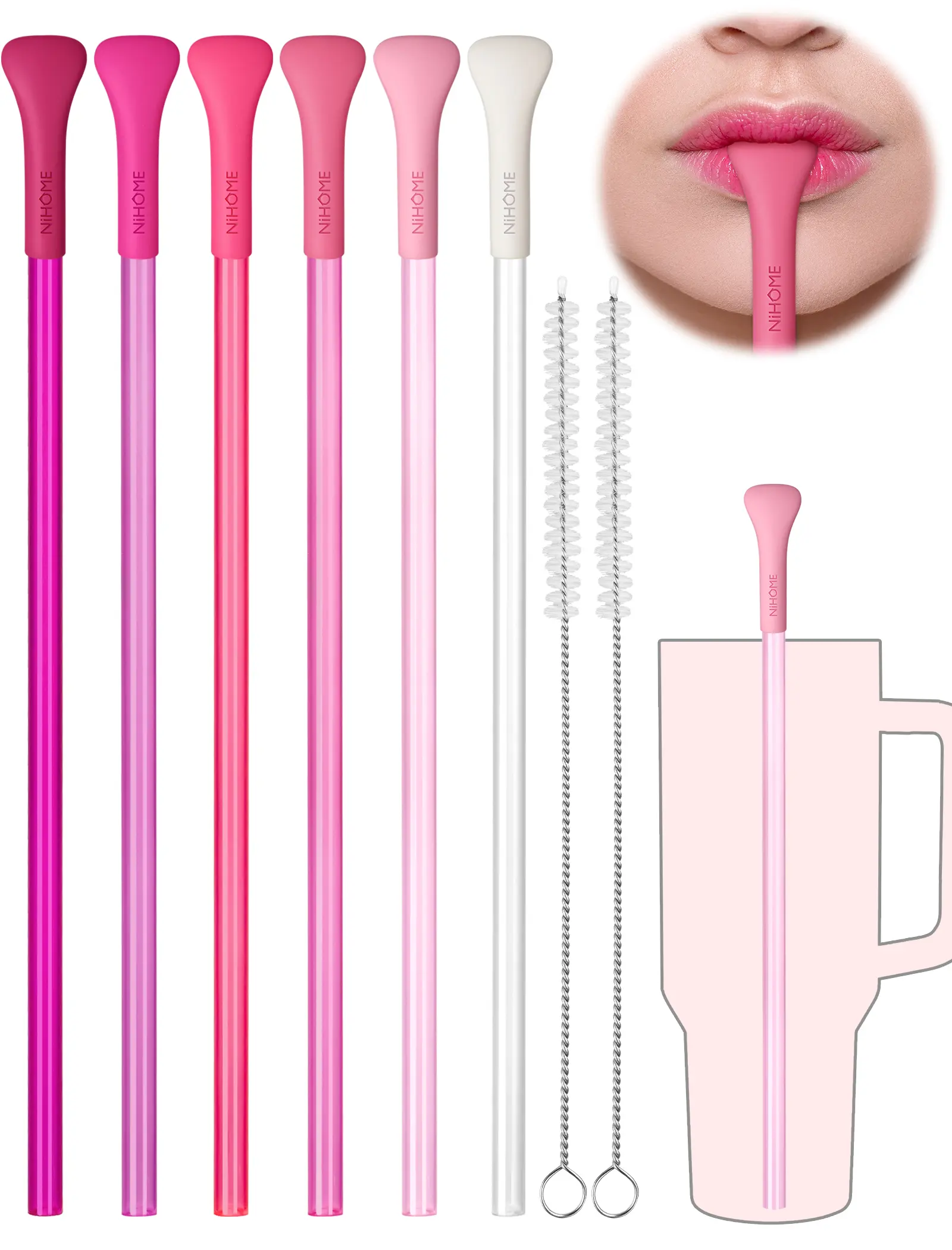 NiHome 6PCS Anti Wrinkle Straws with Silicone Widen Flat Tip Drinking Plastic Straw, Fit for Stanley 30 oz 40 oz Tumbler, Reusable Wrinkle Free Plastic Long Straw, 2 Brushes, BPA-free
