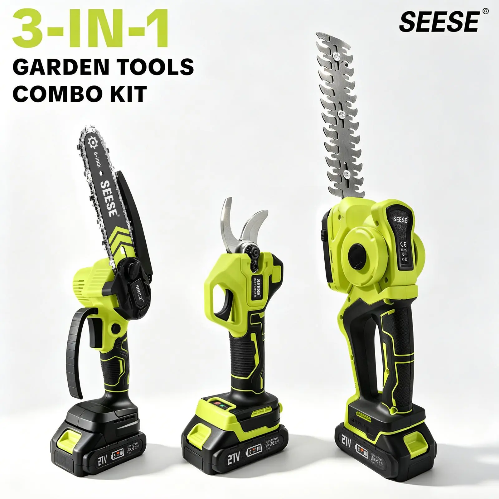 SEESE Cordless Garden Tool Combo Kit with Electric Pruning Shears, 900W Mini Chainsaw with Automatic Oil System & Electric Hedge Trimmer | 21V Battery Powered Tools for Tree Trimming, Branch Cutting, Yard Work & Gardening