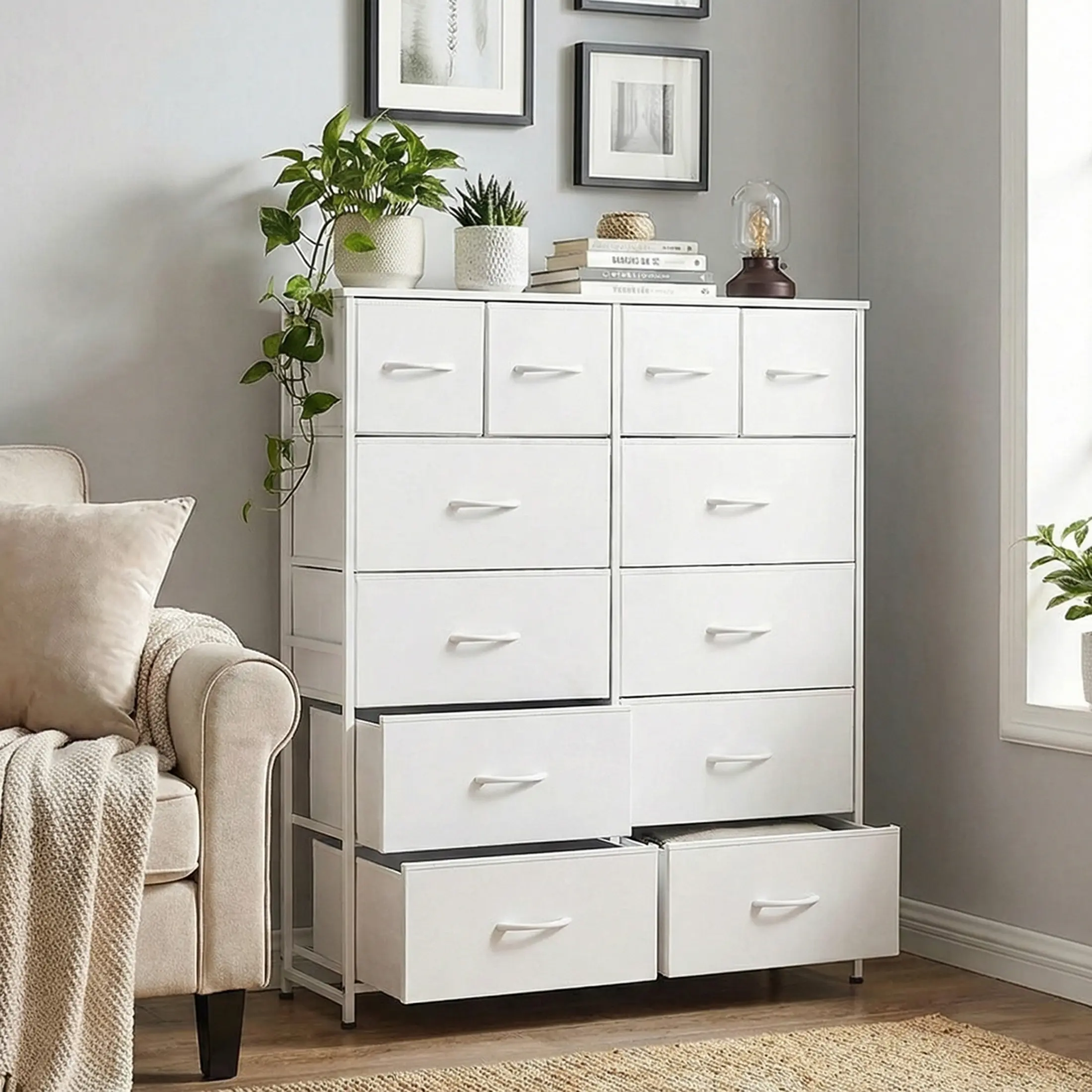 12-Drawer Tall Dresser with Steel Frame and Wood Top, Storage Organizer for Living Room, Hallway & Office