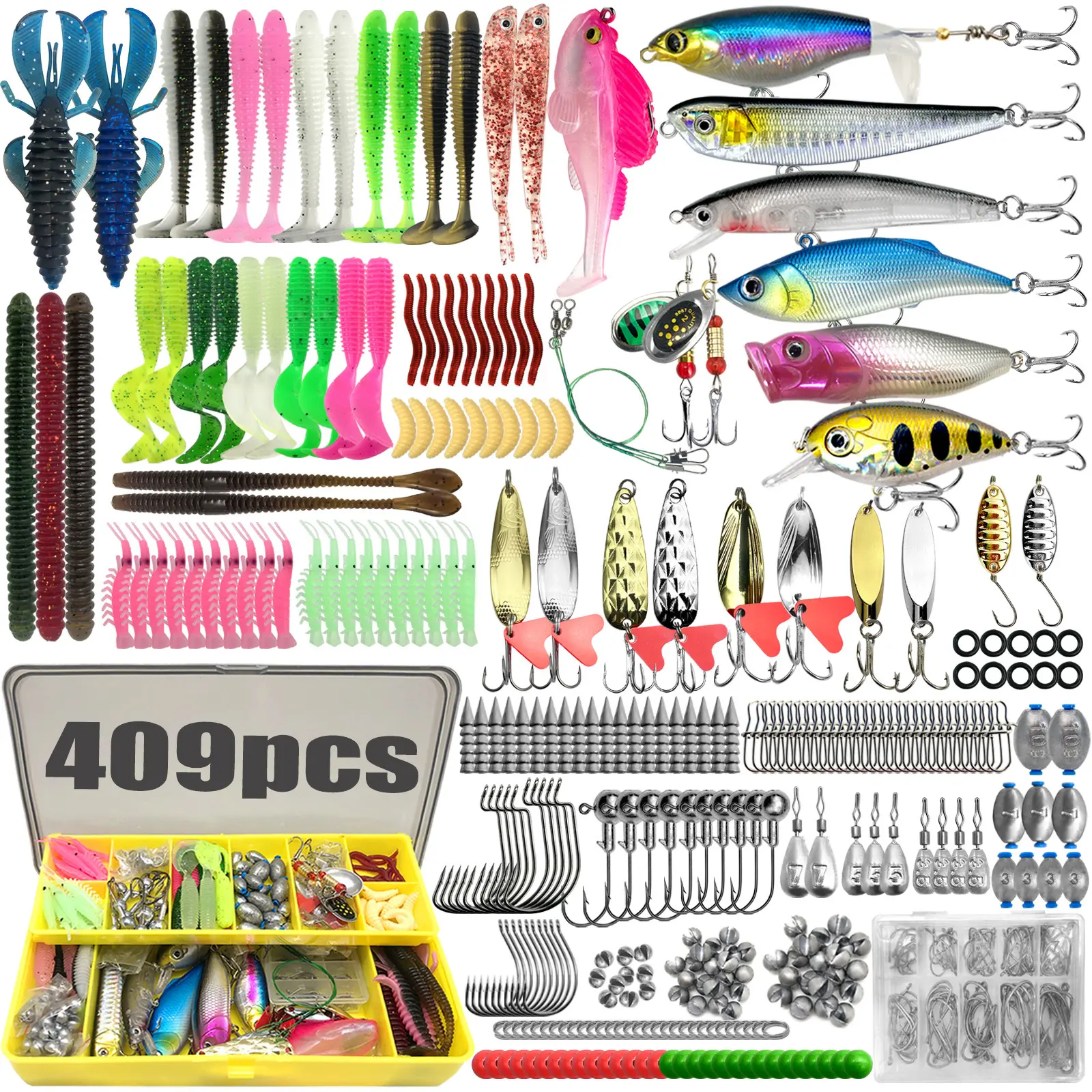 Freshwater Fishing Lures Kit - Complete Fishing Tackle Starter Set (409/193/133/105/83 Pcs) Including Spinnerbaits, Crankbaits, Jig Heads, Sinkers, Hooks, and Carry Case, Complete Fishing Kit