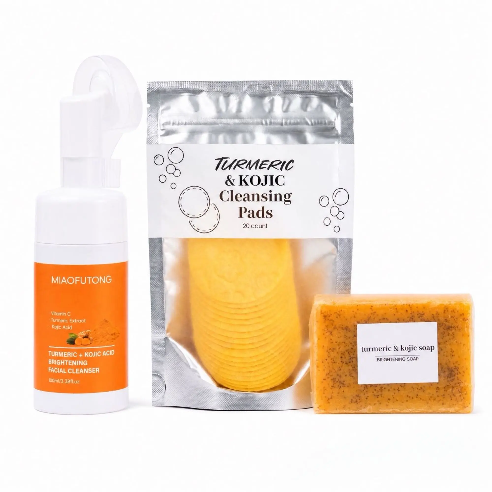 3-Piece Turmeric & Kojic Brightening Deep Cleansing Set - Facial Cleanser, Cleansing Pads, Cleansing Soap - Multiple Benefits, All Skin Types, Ideal Gift for Daily Skincare Routine