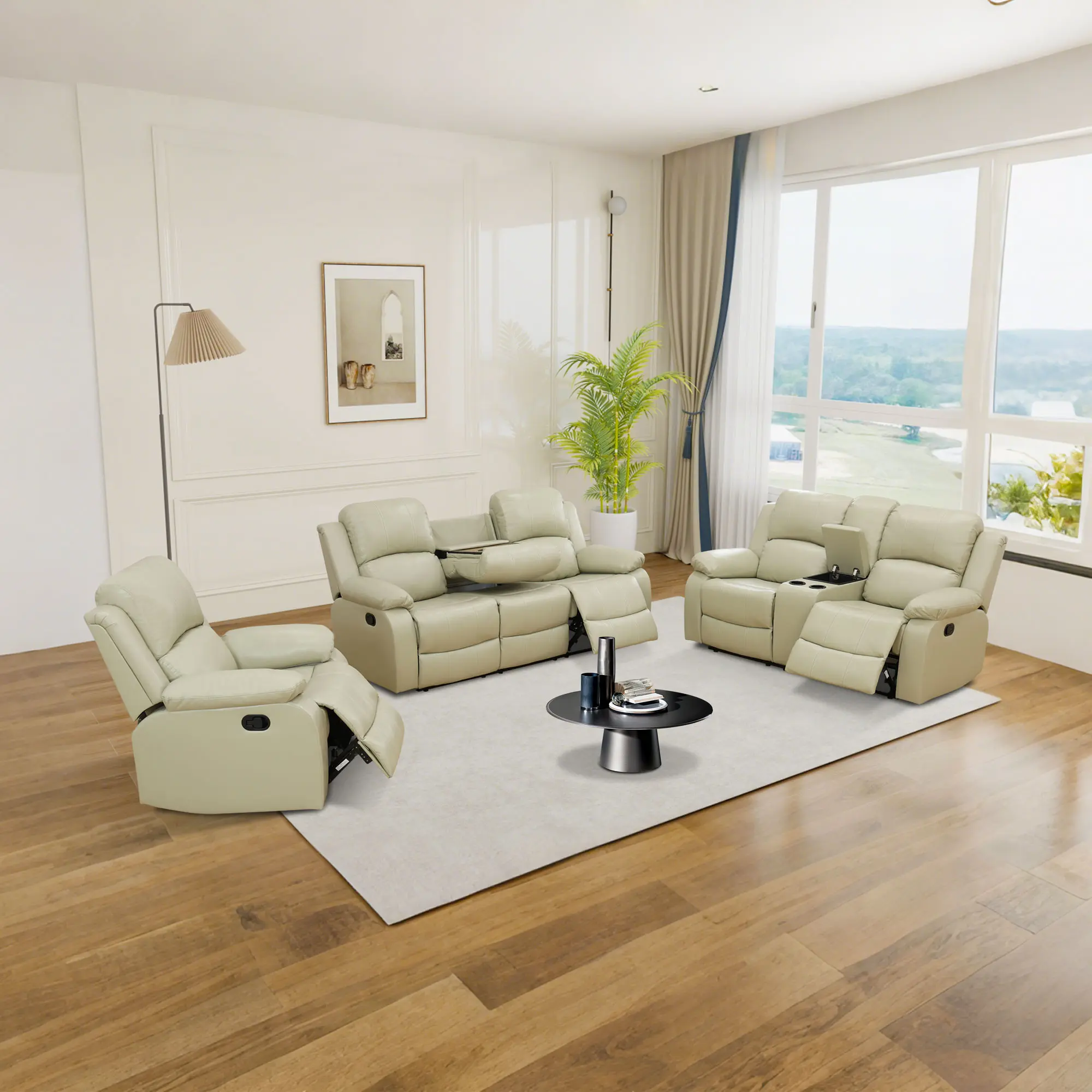 Modern Comfy Couch 3-Piece Set, Beige Eco-Friendly Recycled Leather Indoor Living Room Sofas, Fixed Arms, Soft Waterproof Easy-to-Clean Sturdy Build, Assembly Required, No Fire Safety Label