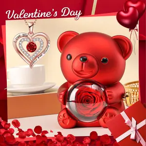 The Cutest Red Rose Bear with Heart Necklace – Elegant Flower & Rhinestone Design, Perfect Gift for Mom, Wife, or Girlfriend on Birthday, Anniversary, or Holidays (Thanksgiving, Christmas, Halloween)