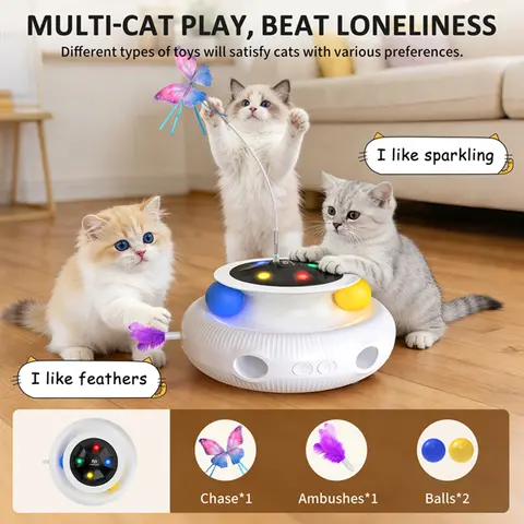 4-in-1 Universal ABS Plastic Interactive Cat Toy - Auto-Rotating Butterfly Teaser, Mouse Hole Feather, RGB Lights, Dual-Layer Ball Track, Auto-Sleep Mode for Bored Indoor Cats