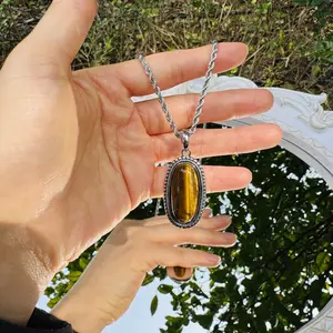 Crystal Oval Shape Pendant for Necklace, Real Natural Stone Opal, White Crystal, Rose Quartz, Fluorite, Lapis Lazuli, Green Aventurine, Tiger's Eye, Goldstone, Obsidian ,Amethyst jewelry