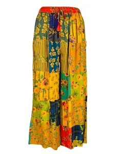Caravan Closet Rayon Floral Patches Palazzo Pants Boho Hippie Casual Bottoms Bohemian