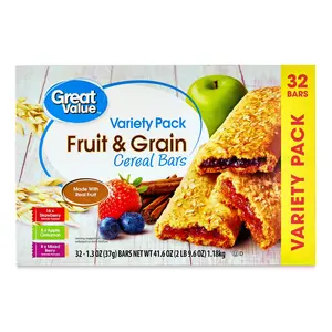 Great Value Fruit & Grain Cereal Bars, Variety Pack, 32 Count 1.3 oz