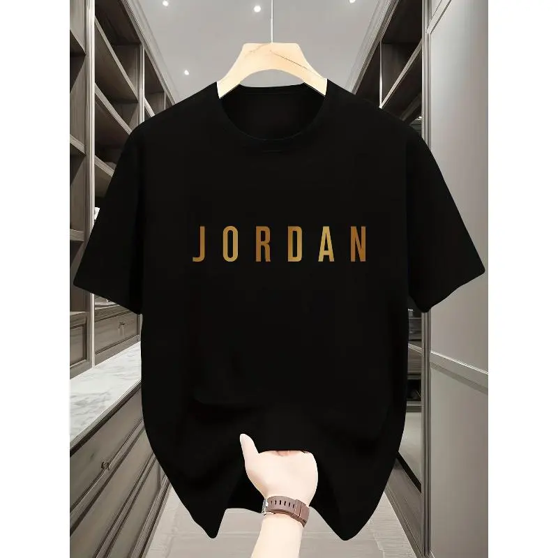 Men's Oversized Streetwear T-Shirt with Golden Geometric Graphic Print, Breathable Cotton Shortsleeve Casual Top, Menswear, Retro