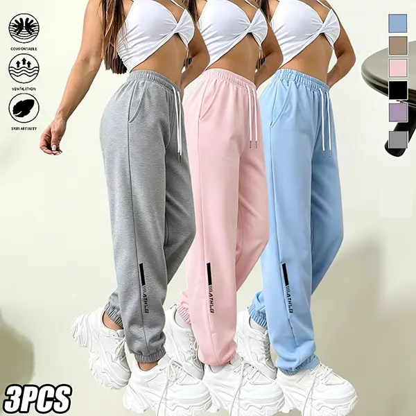 Women's 3-Pack Athletic Sweatpants - Polyester Clothes, Soft Skin-Friendly, Moisture-Wicking, Comfortable, Multi-Color, Suitable for Everyday Wear & Light Exercise (Yoga, Pilates)