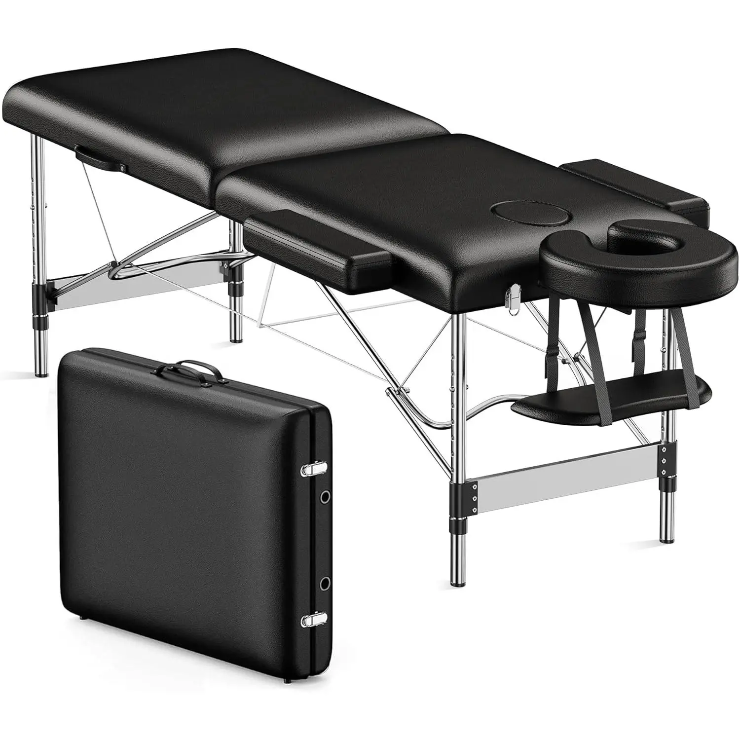Portable 2-Fold Massage Table - Beauty Salon Equipment, Adjustable Height Sturdy Aluminum Frame, Esthetician Lash Bed with Side Pocket, Face Cradle & Carrying Bag, Black