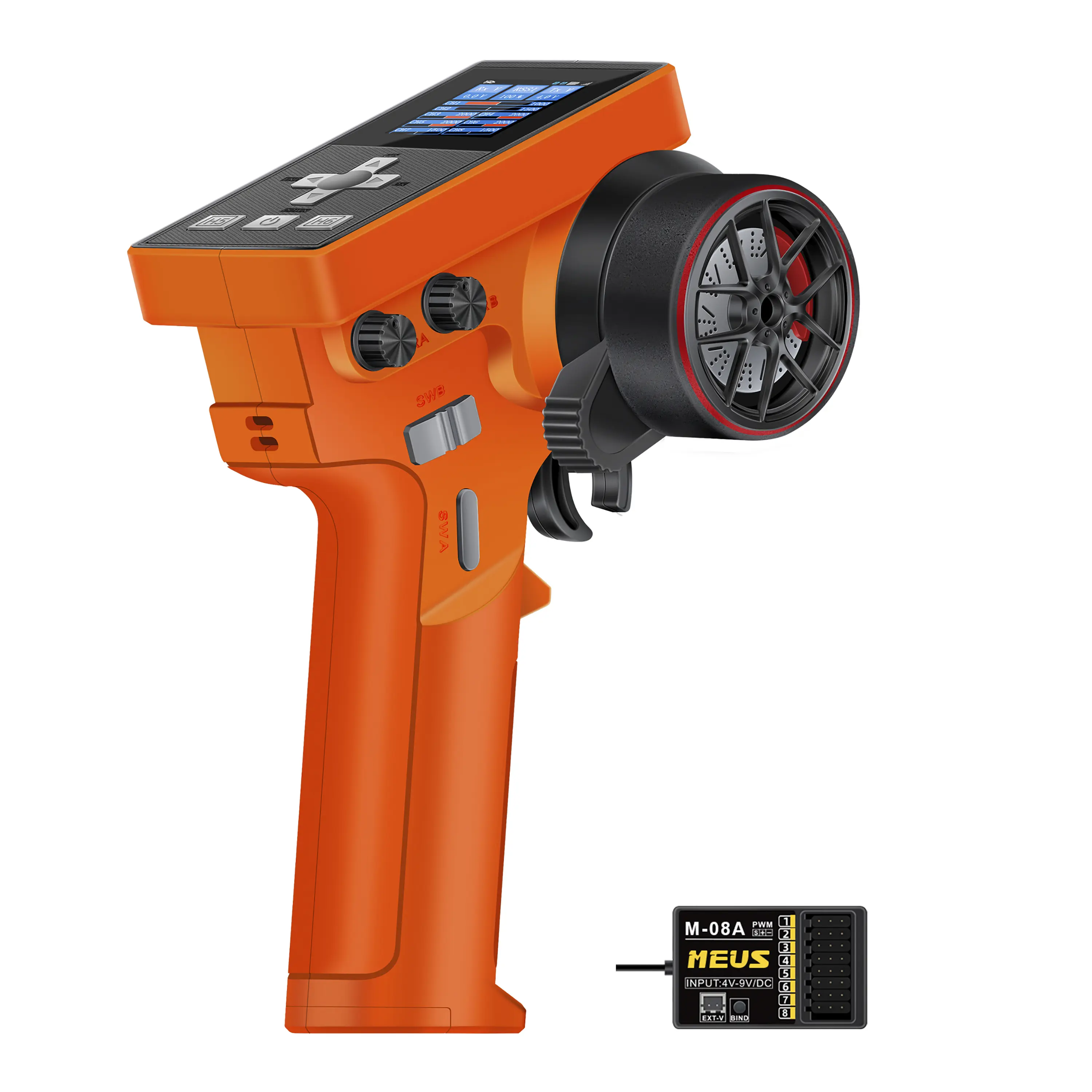 MEUS RACING ME-8B 2.4GHz Up to 8 Channels RC Transmitter with Receiver - Rechargeable Battery, All-Terrain Upgrade Part for 1/8,1/10,1/18,1/24 Crawlers, Cars, Boats, Short Course RC Models (Orange)