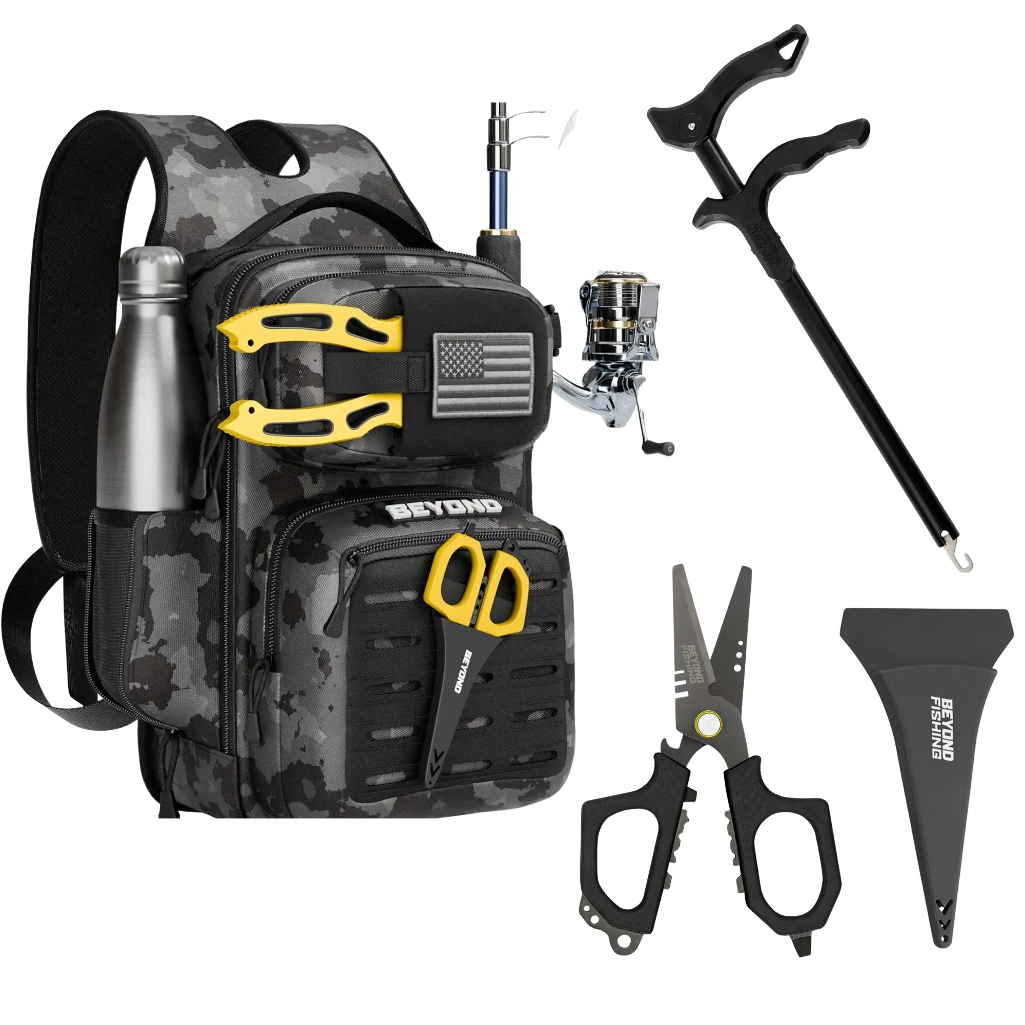 Beyond Fishing 3-Piece Bundle Set - Voyager Tactical Tackle Backpack + 10.5" Long-Reach Corrosion-Resistant Fish Hook Remover + 6.5" Dual Serrated Titanium Braided Line Shears - Fishing Gift for Men, Freshwater & Saltwater