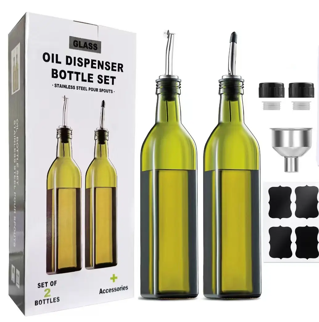 2 Pcs Green Glass Olive Oil Dispenser and Vinegar Dispenser Set with 2 Stainless Steel Pourers, 4 Labels, 1 Cap, 1 Funnel (500ml) for Kitchen, Cooking, Salad Dressing, Barbecue, Mixing Utensils