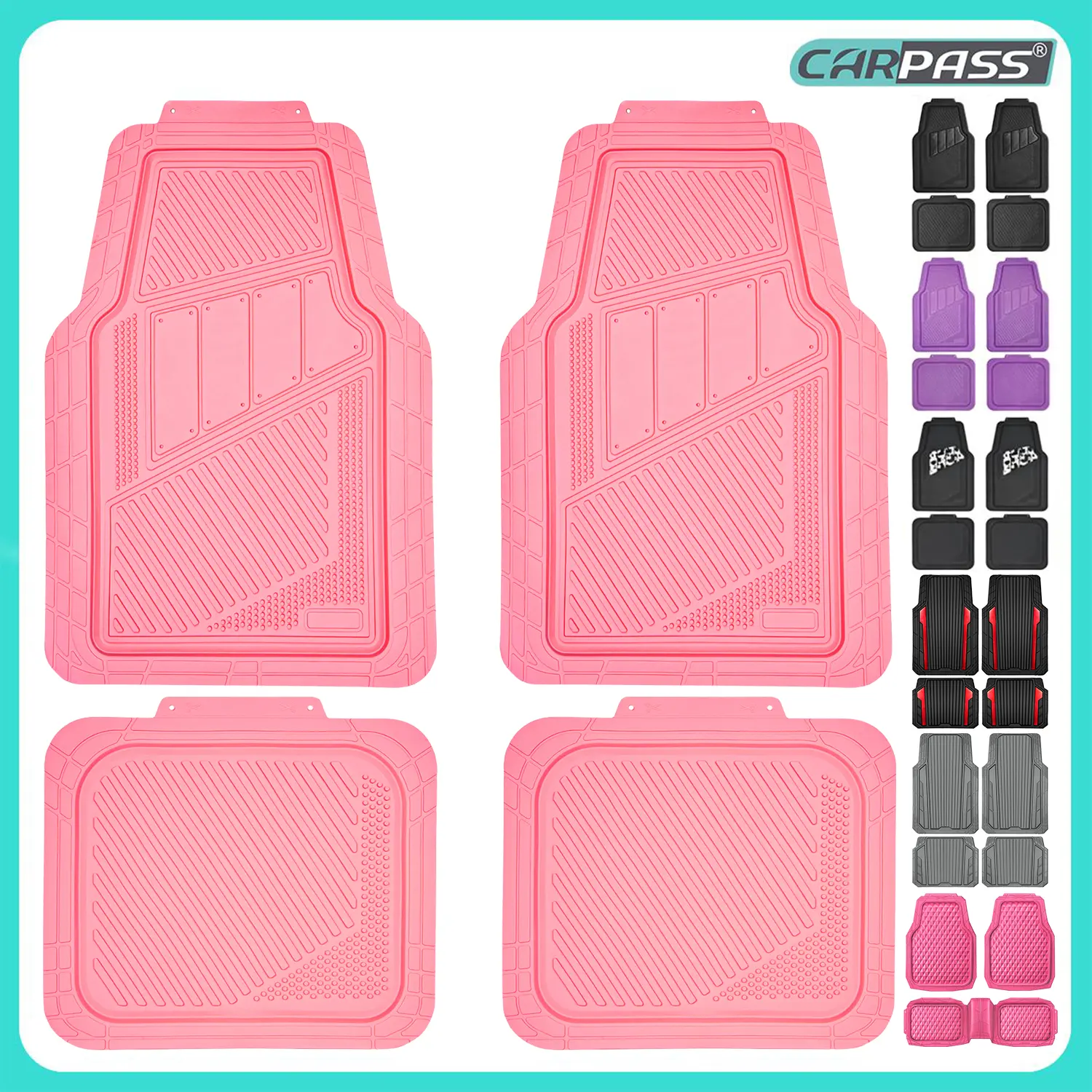 CAR PASS 4pcs Heavy Duty Rubber Floor Mats Pink 4-Piece Car Mat Set Universal Waterproof for SUV Truck Durable All-Weather Mats for Car Women Girly