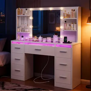 Modern Makeup Vanity Desk with Mirror and Lights White Vanity with Glass Top LED Lights Power Outlet RGB Drawers Adjustable Lighted Dressing Table for Girls Bedroom
