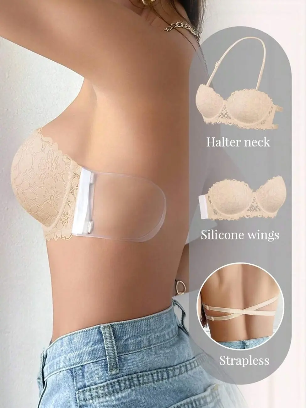 Lace Plunging Backless Bra, Wire Underwire Push-Up for Small Bust, Strapless Adjustable Lift Bra