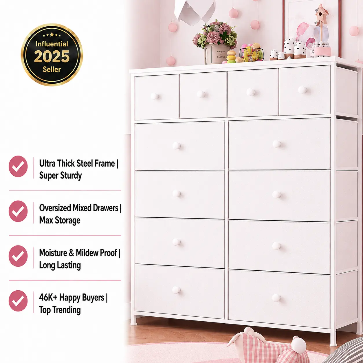 【Limited-Time Offer】Raybee 12 Compact Fabric Drawer Organizer, Space Saving Storage Bins for Closet, Modern Storage Tower for Socks Underwear Makeup, Tall Chest Organizer Unit for Bedroom Office Dorm Room, Steel Frame, Wood Top, Easy to Assemble